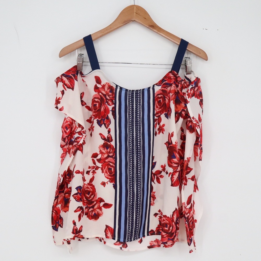 Three Hearts Top Womens Medium Red Floral Cold Shoulder Excellent